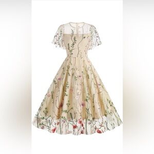 Vintage Style Embroidered Floral Mesh Midi Dress Sheer Overlay Elegant Women